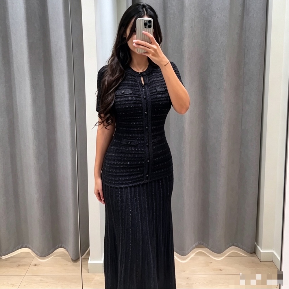 Sandro Ribbed Knit Maxi Dress with Short Sleeves